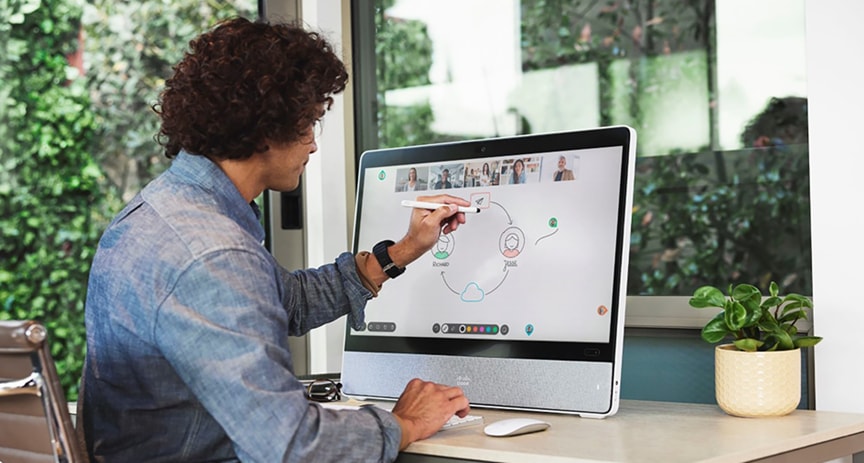 Whiteboarding in a meeting with the Cisco Desk Pro