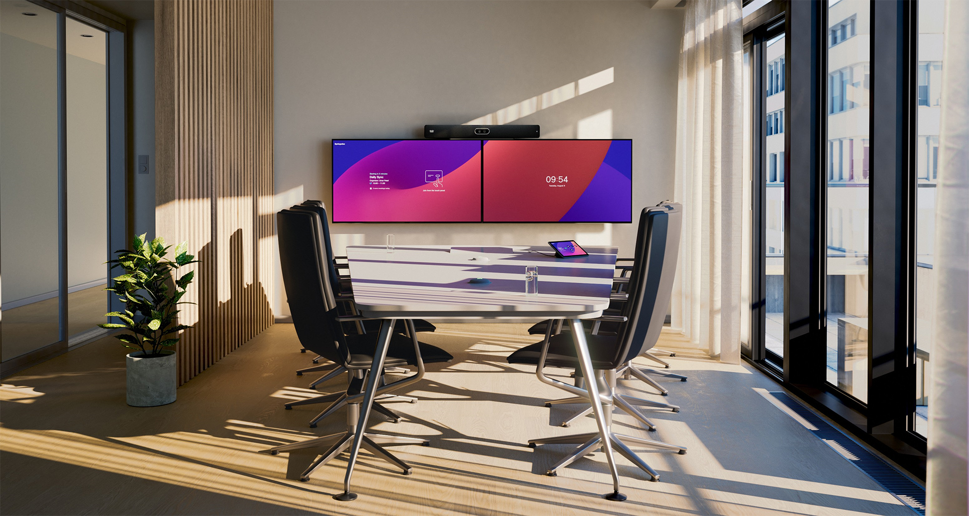 Cisco Room Bar Pro with dual flat screen displays for video conferencing in a medium-sized meeting room