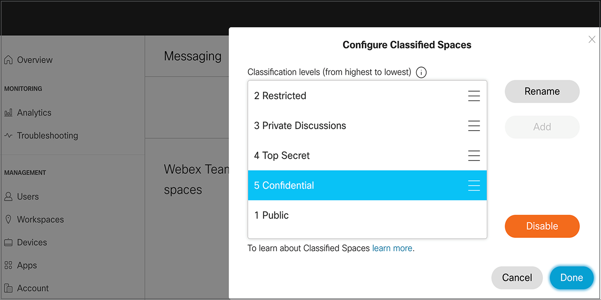 Control Hub configuration setting for space classification