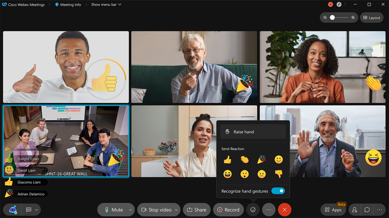 Reactions and gesture recognition lets you send non-verbal feedback into the meeting