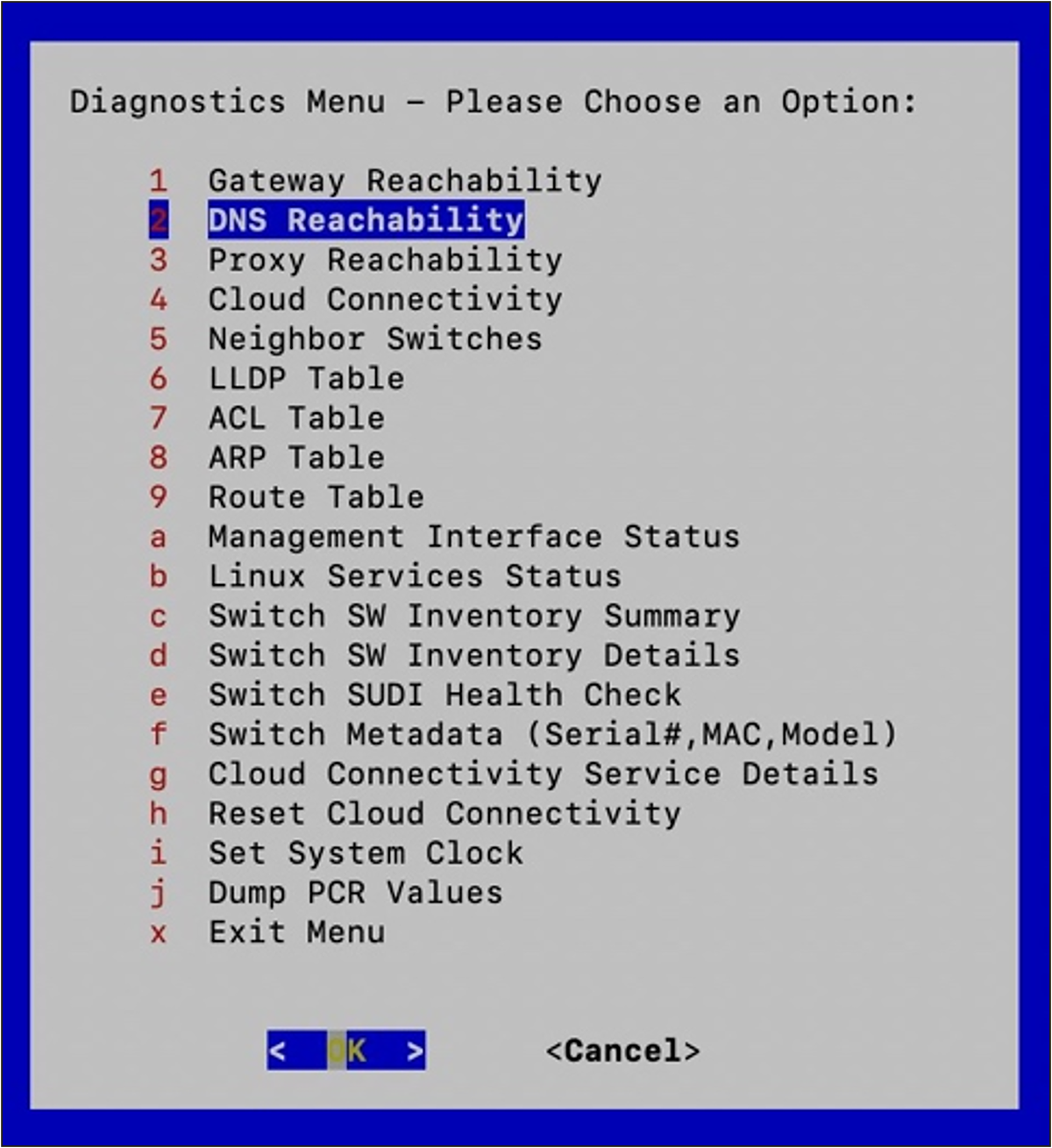 Serial port diagnostics menu