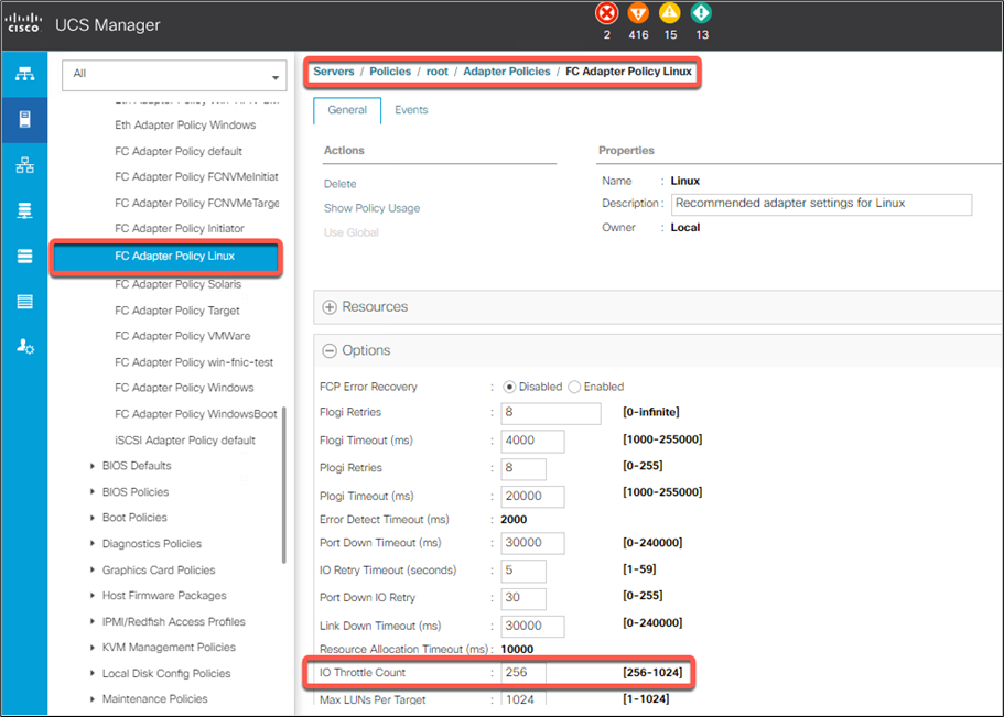 Cisco UCS Manager I/O Throttle Count configuration