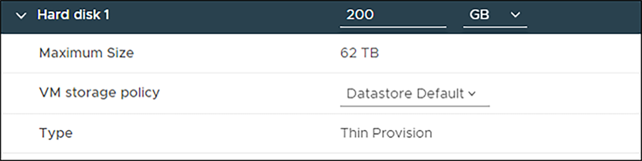 VM Disk properties showing a thin providioned disk