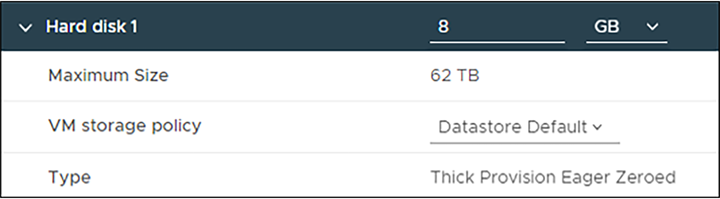 VM properties showing a thick provisioned drive