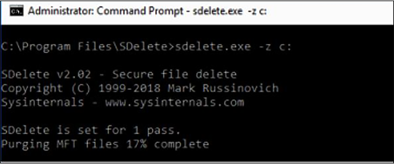 The progress of the sdelete command is shown