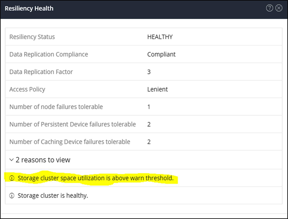 HyperFlex Connect Resiliency Health when over 76 percent capacity is used.