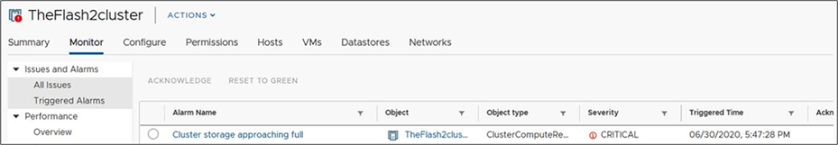 vCenter datastore view with severity of critical.