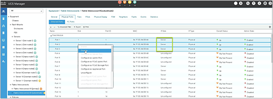 Disable subordinate Fabric Interconnect server ports
