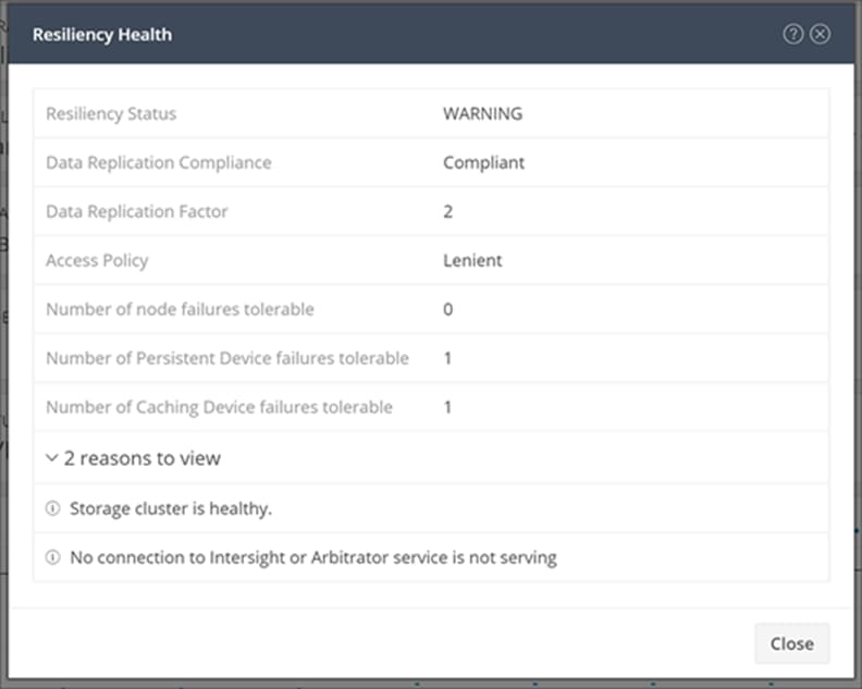 Resiliency health information showing that there is no connection to the Cisco Intersight platform