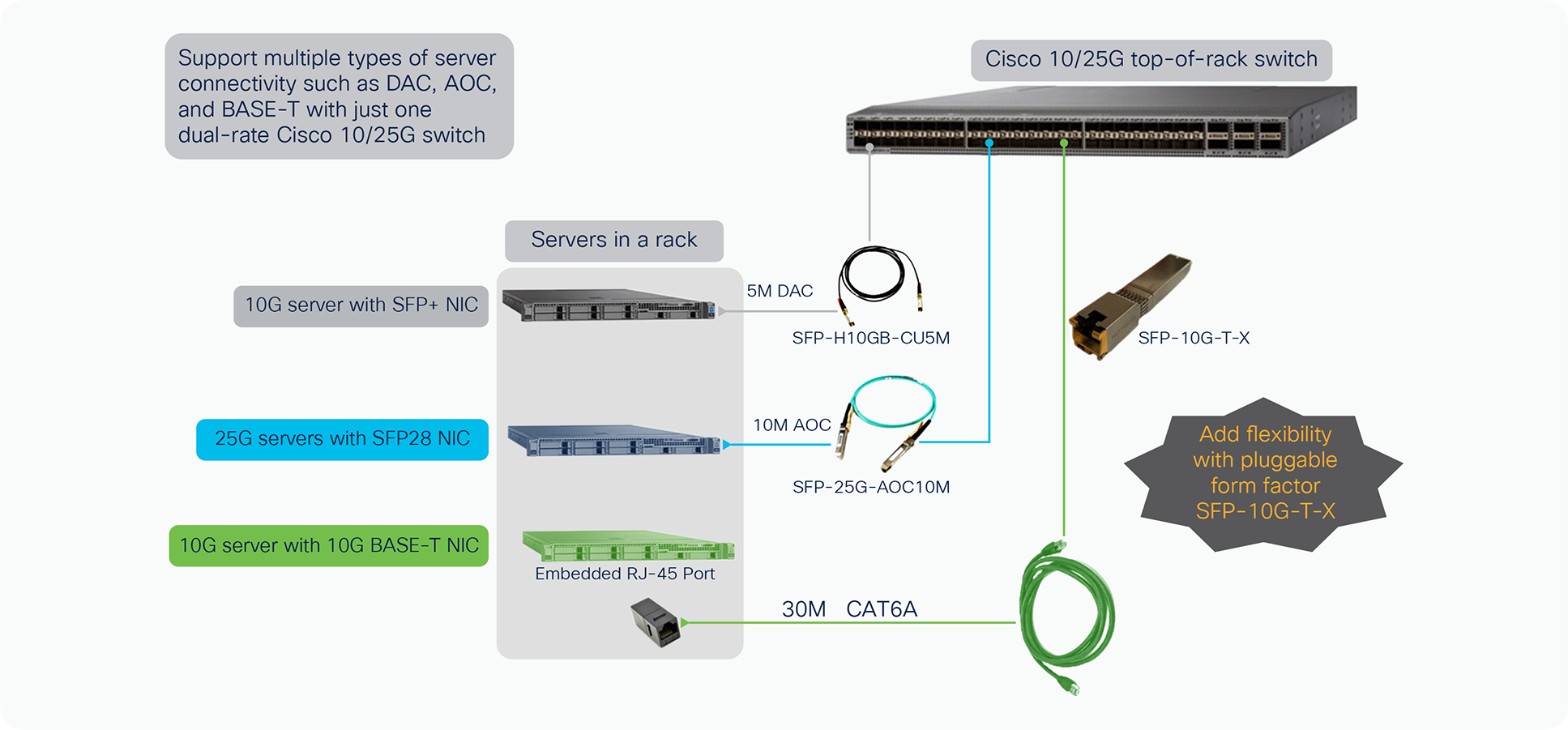 Enabling a variety of connectivity options to Cisco 10G and dual-rate 10/25G switches/routers