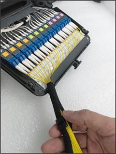 A hand holding a cable to a fiber optic deviceDescription automatically generated
