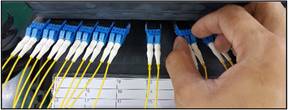 A hand holding a blue and white cableDescription automatically generated