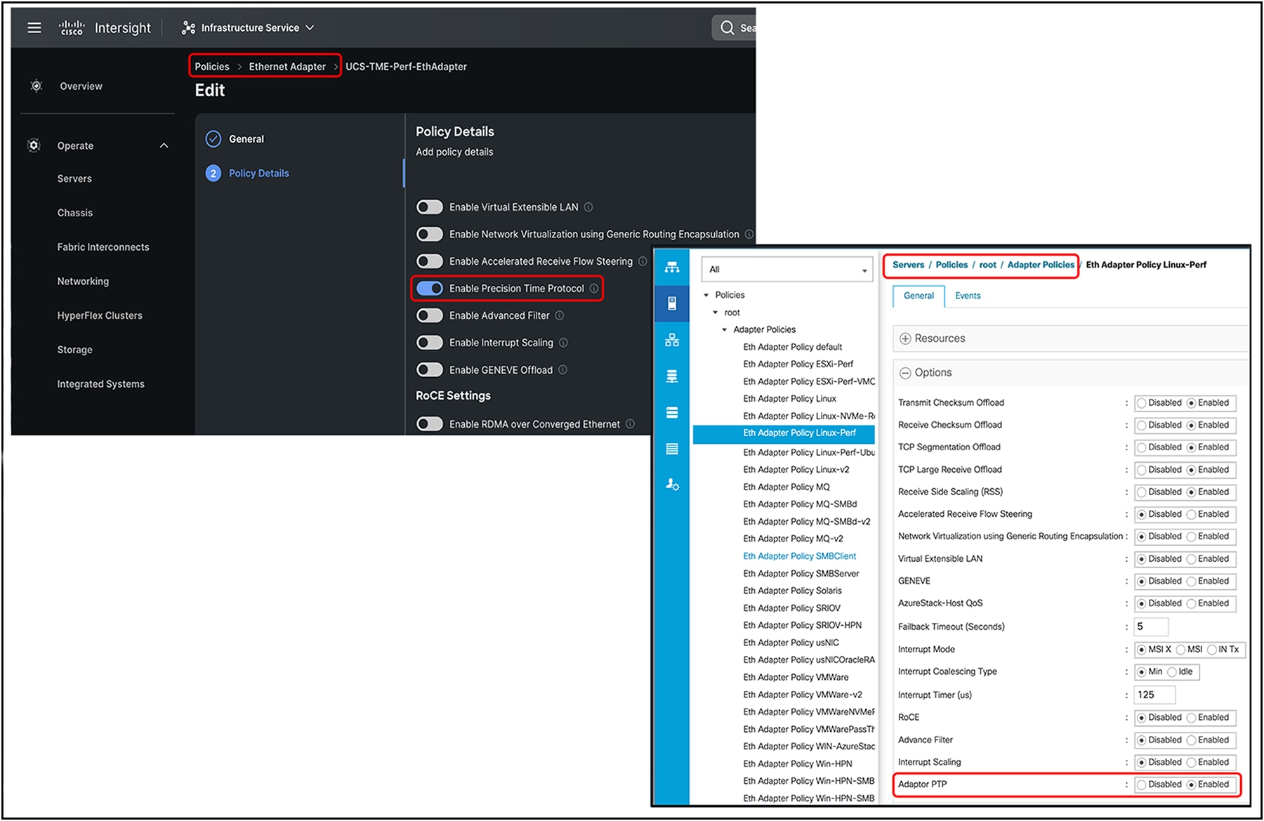 PTP enablement through adapter policy in IMM and UCSM, respectively