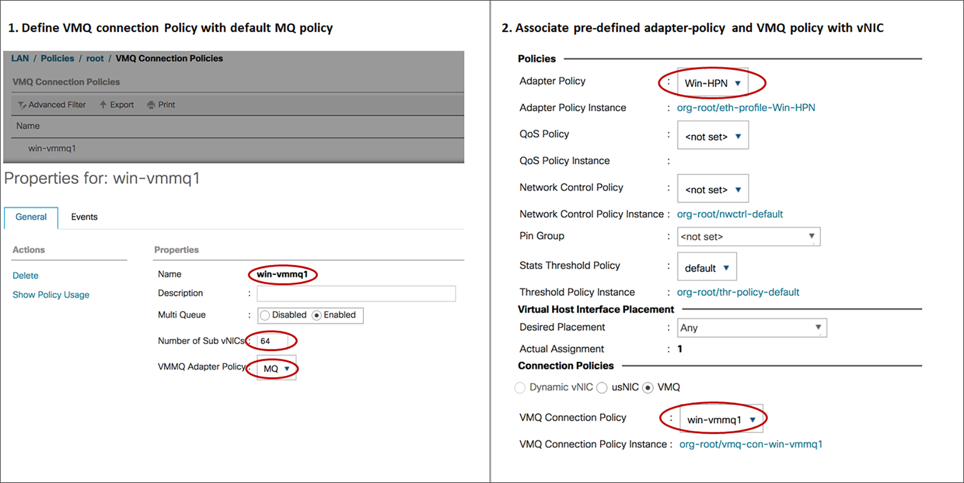 Configuring VMMQ with predefined adapter and MQ policy in UCSM