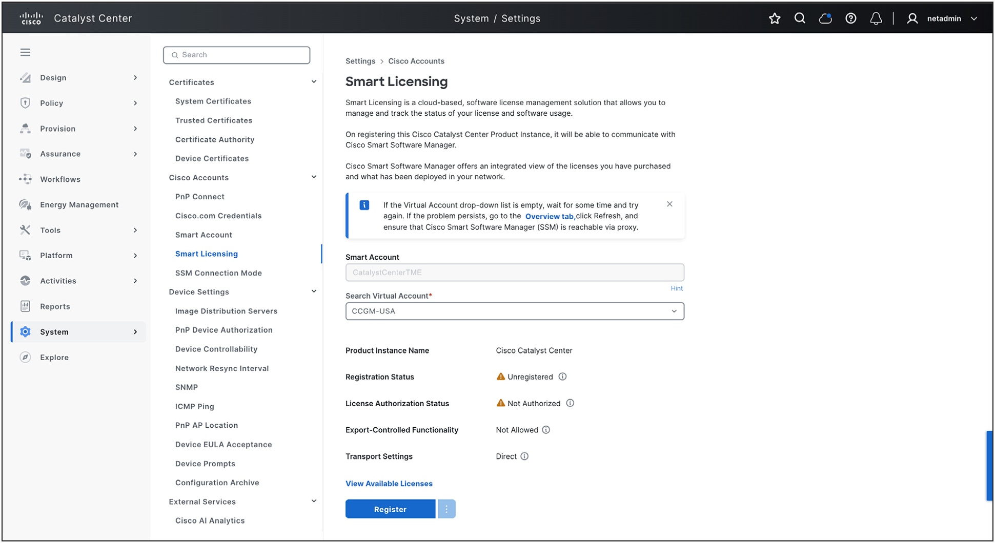 Registering Cisco Catalyst Center