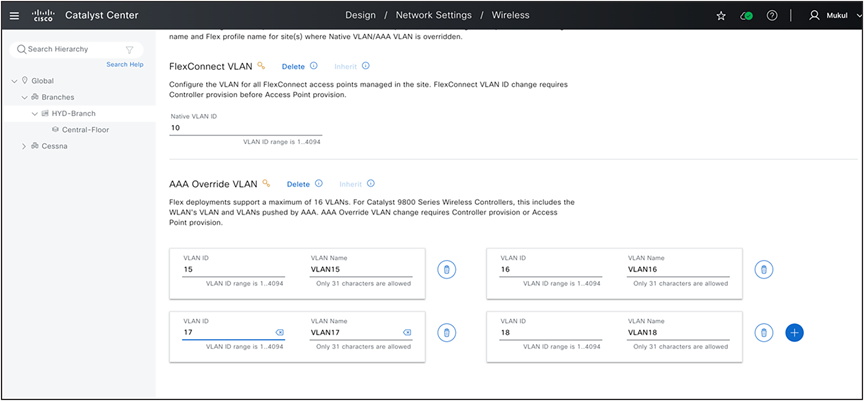 Add FlexConnect Native VLAN and AAA Override VLAN