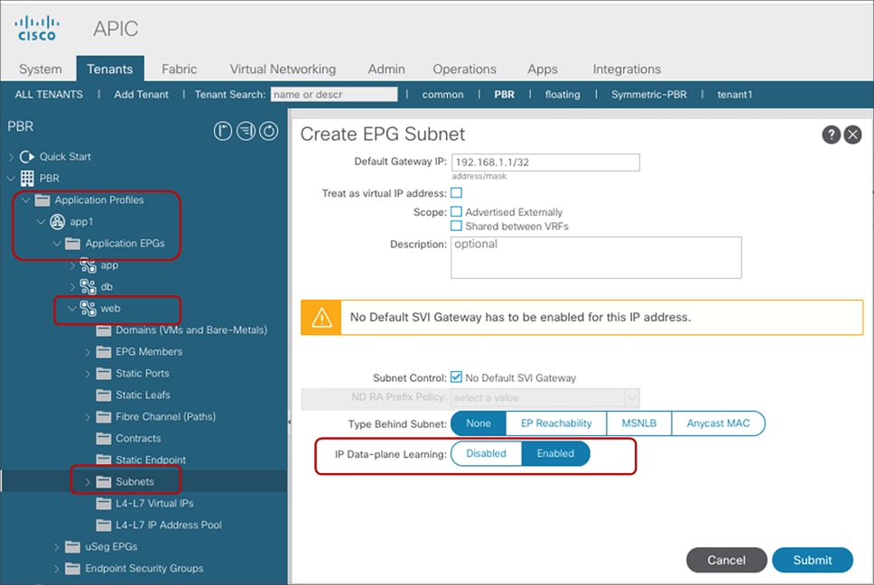 Enable and disable Endpoint Data-plane Learning under the EPG subnet