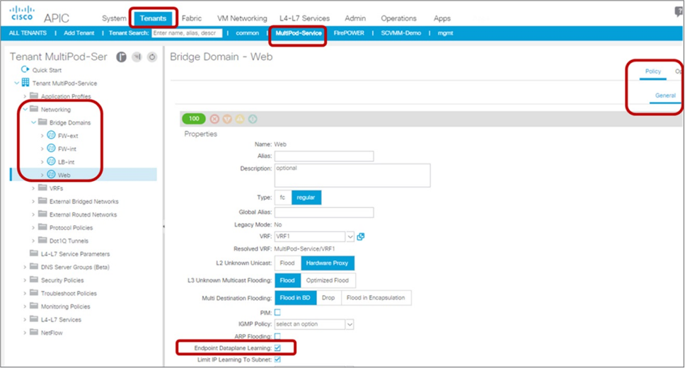 Enable and disable Endpoint Dataplane Learning under the bridge domain