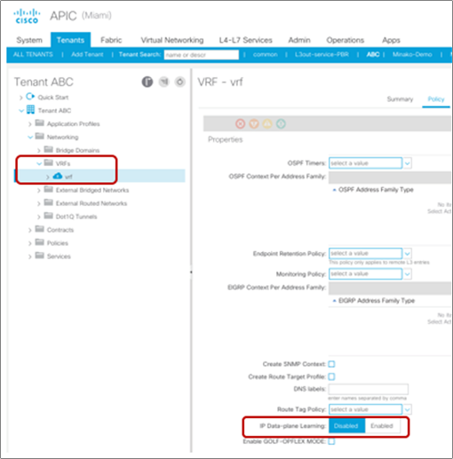 Enable and disable Endpoint Data-plane Learning under the VRF