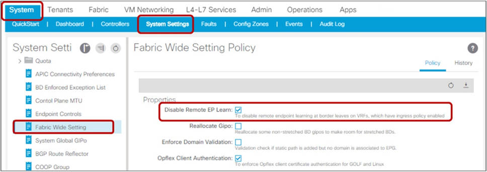 Disable Remote EP Learn under Fabric Wide Setting (APIC Release 3.0)