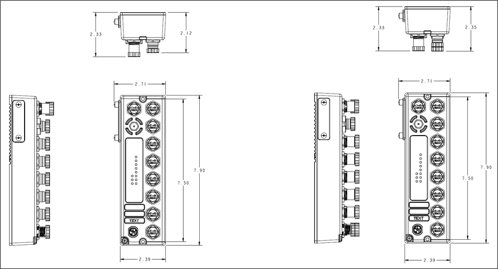 IE-3100H-6FT2T-E dimensions (left), IE-3100H-8T-E (right)