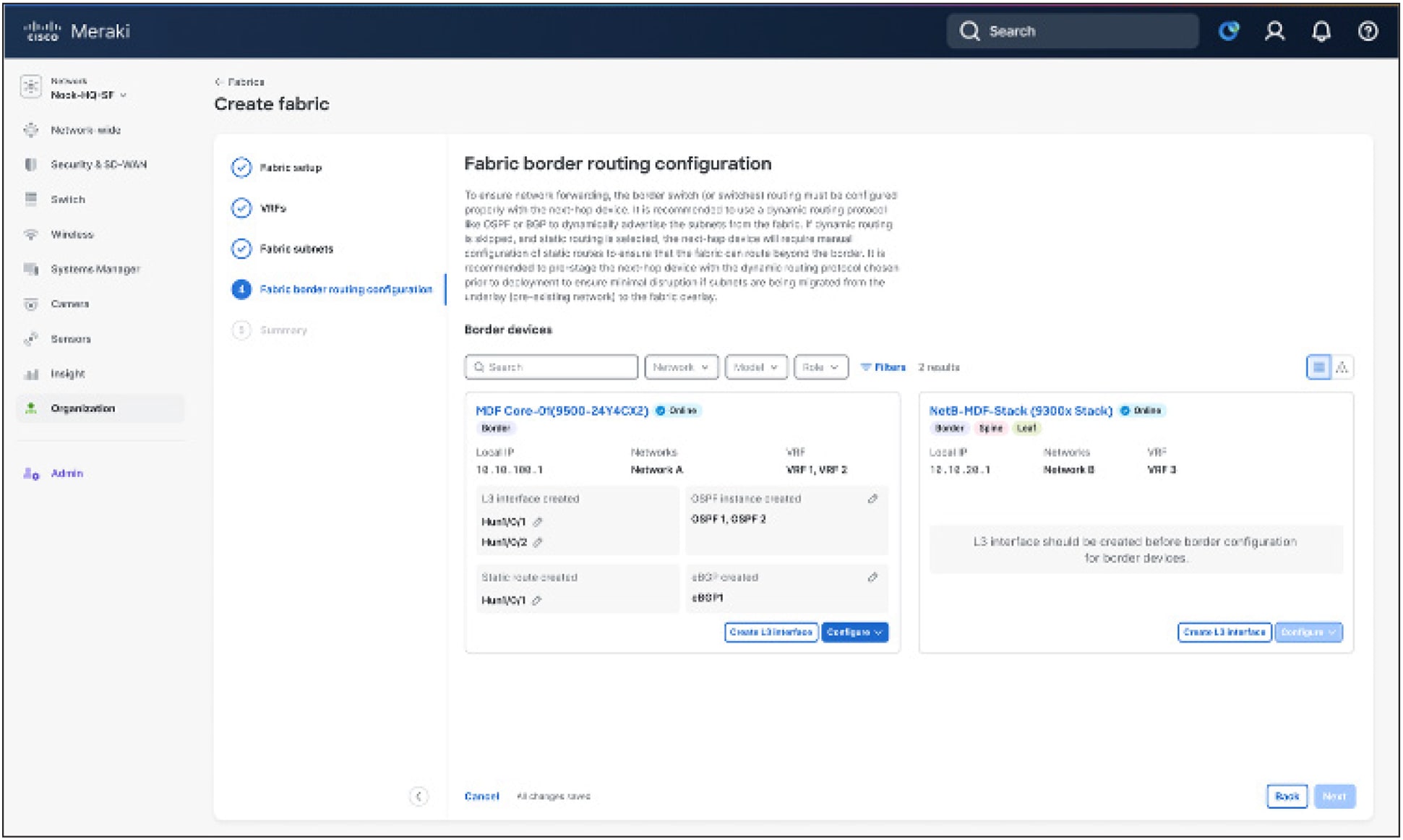 EVPN fabric in Meraki dashboard