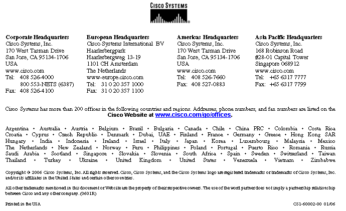 Text Box:
Corporate Headquarters
Cisco Systems, Inc.
170 West Tasman Drive
San Jose, CA 95134-1706
USA
www.cisco.com
Tel: 	408 526-4000
800 553-NETS (6387)
Fax:	408 526-4100	European Headquarters
Cisco Systems International BV
Haarlerbergpark
Haarlerbergweg 13-19
1101 CH Amsterdam
The Netherlands
www-europe.cisco.com
Tel:	31 0 20 357 1000
Fax:	31 0 20 357 1100	Americas Headquarters
Cisco Systems, Inc.
170 West Tasman Drive
San Jose, CA 95134-1706
USA
www.cisco.com
Tel:	408 526-7660
Fax:	408 527-0883
Asia Pacific Headquarters
Cisco Systems, Inc.
168 Robinson Road
#28-01 Capital Tower
Singapore 068912
www.cisco.com
Tel: 	+65 6317 7777
Fax: 	+65 6317 7799
Cisco Systems has more than 200 offices in the following countries and regions. Addresses, phone numbers, and fax numbers are listed on the
Cisco Website at www.cisco.com/go/offices.
Argentina • Australia • Austria • Belgium • Brazil • Bulgaria • Canada • Chile • China PRC • Colombia • Costa Rica
Croatia • Cyprus • Czech Republic • Denmark • Dubai, UAE • Finland • France • Germany • Greece • Hong Kong SAR
Hungary • India • Indonesia • Ireland • Israel • Italy • Japan • Korea • Luxembourg • Malaysia • Mexico
The Netherlands • New Zealand • Norway • Peru • Philippines • Poland • Portugal • Puerto Rico • Romania • Russia
Saudi Arabia • Scotland • Singapore • Slovakia • Slovenia • South Africa • Spain • Sweden • Switzerland • Taiwan
Thailand • Turkey • Ukraine • United Kingdom • United States • Venezuela • Vietnam • Zimbabwe
Copyright ã 2006 Cisco Systems, Inc. All rights reserved. Cisco, Cisco Systems, and the Cisco Systems logo are registered trademarks or trademarks of Cisco Systems, Inc. and/or its affiliates in the United States and certain other countries.
All other trademarks mentioned in this document or Website are the property of their respective owners. The use of the word partner does not imply a partnership relationship between Cisco and any other company. (0601R)
Printed in the USA	C51-60002-00  01/06
