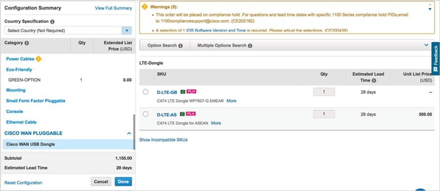 CCW WAN USB Dongle and WAN Dongle Accessory Ordering Screenshot for C1101-4PLTEP