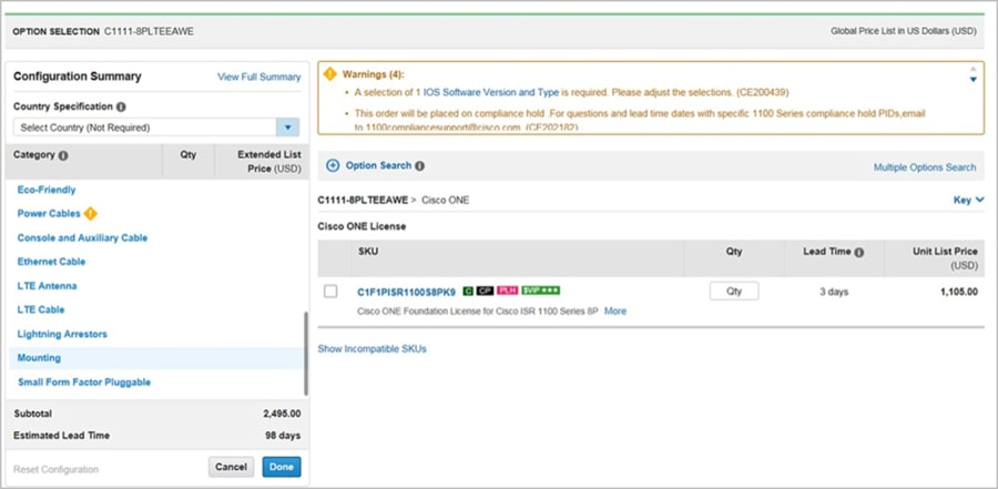 CCW Cable and Accessories Ordering Screenshot