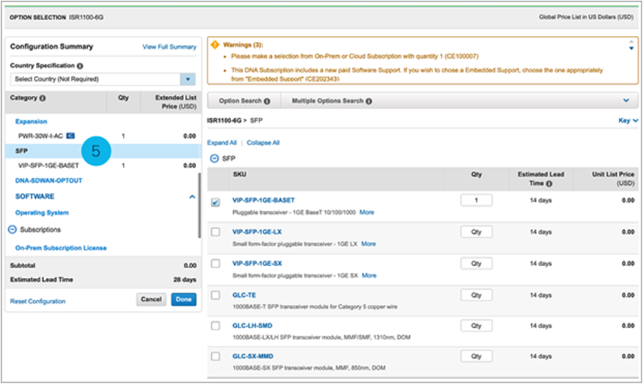 CCW Transceivers Ordering Screenshot