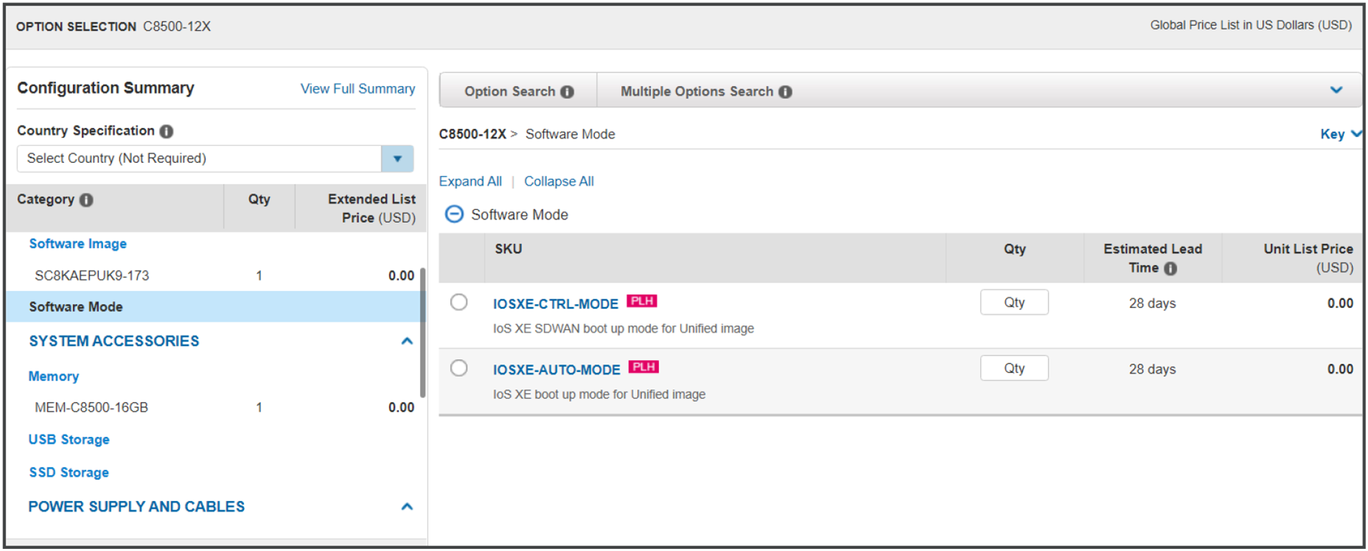 Sample software mode ordering screenshot in CCW
