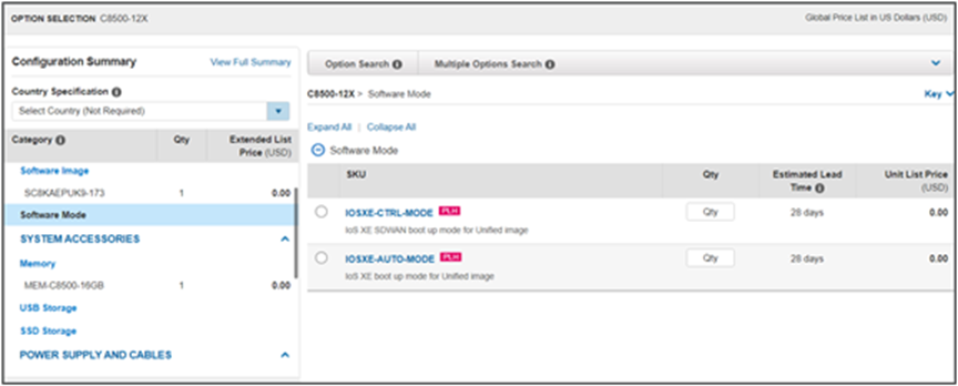 Sample software mode ordering screenshot in CCW