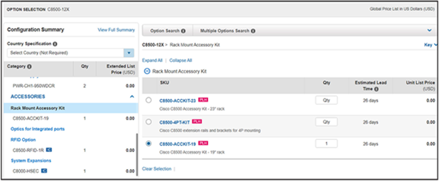 Sample screenshot of rack-mount selection in CCW