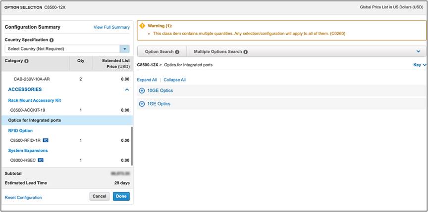 Sample screenshot of optics selection in CCW