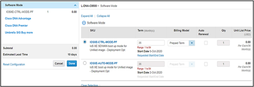 Sample screenshot of the software mode for the Cisco DNA Tier licenses