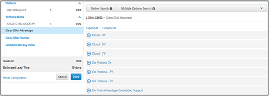 Sample screenshot of selecting the Cisco DNA Tier licenses