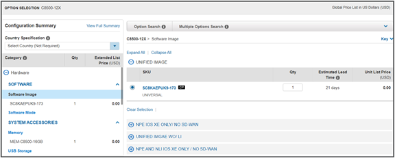 Sample software image ordering screenshot in CCW