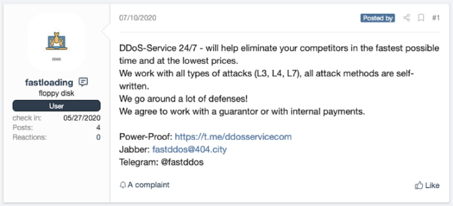 Criminal forum post offering DDoS services