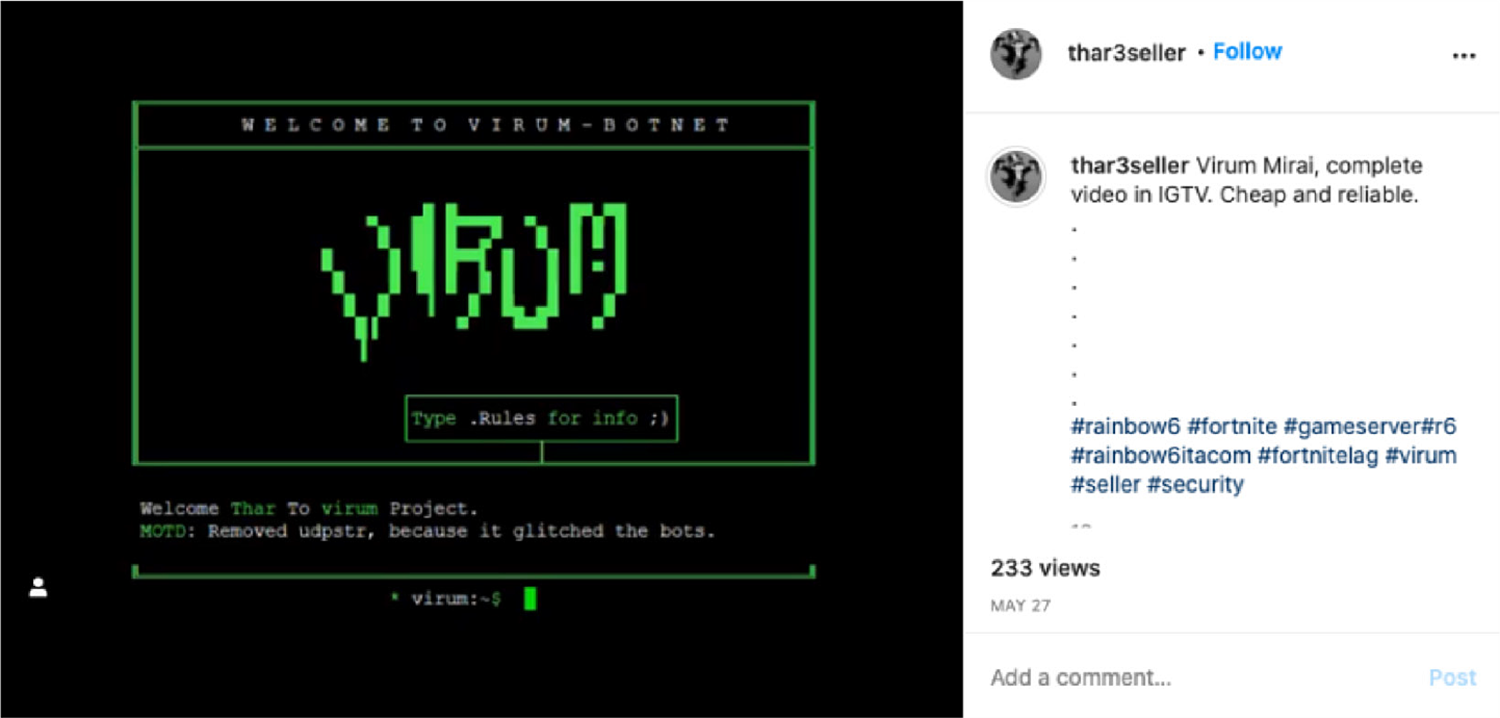 Virum botnet advertisement on Instagram
