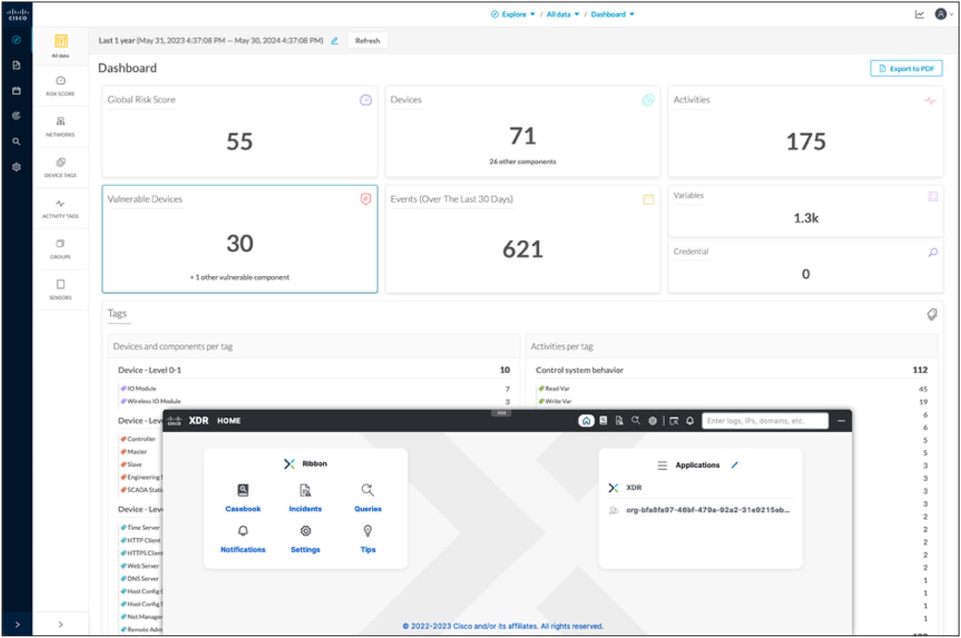 Screenshot of Cisco Cyber Vision with the Cisco XDR ribbon