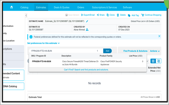 Estimate tab