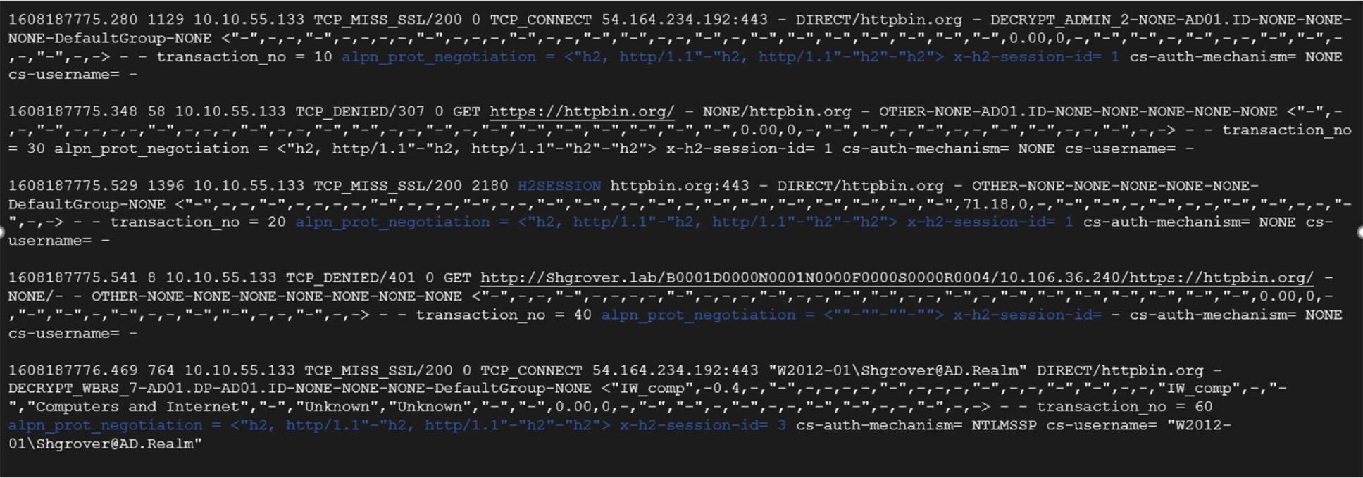 Sample Transparent Proxy Deployment Access Logs showing Authentication Info.