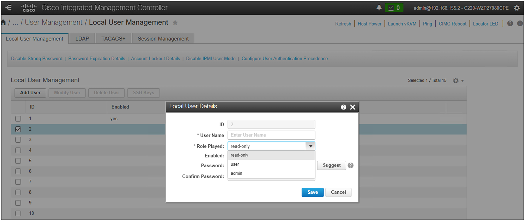 Defining local users in CIMC.