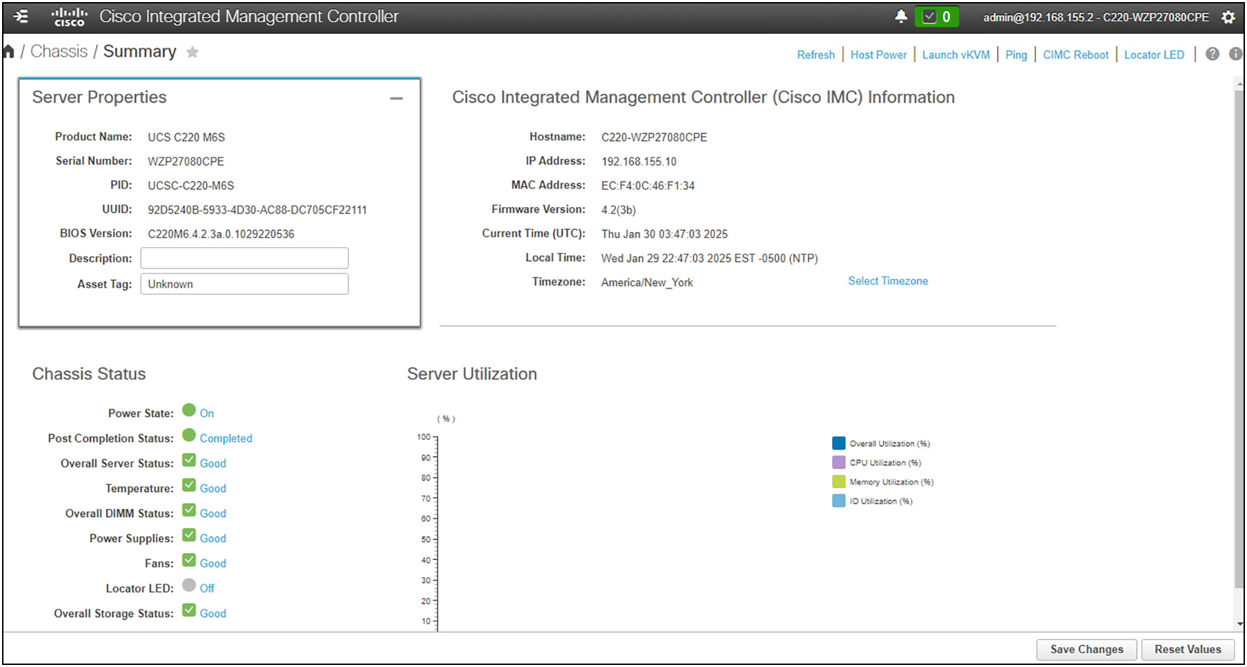 The summary screen in the CIMC UI. This is the first screen you see upon login.