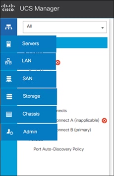 UCSM Navigation icons. Policies can be set under Servers, LAN, SAN, Storage, and Chassis.