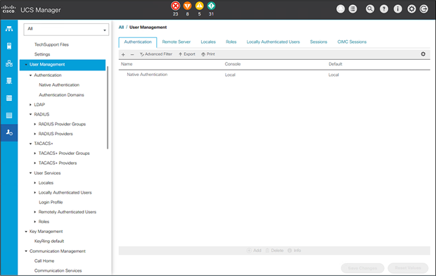 User management in the administrative section of UCSM