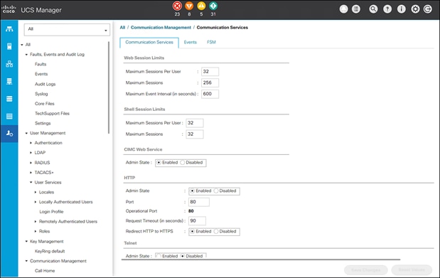 Settings and adjustments that can be made for communication services in UCSM