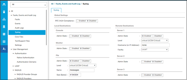 Syslog settings, including remote server entries