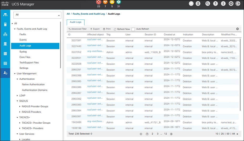 A typical audit log event entry
