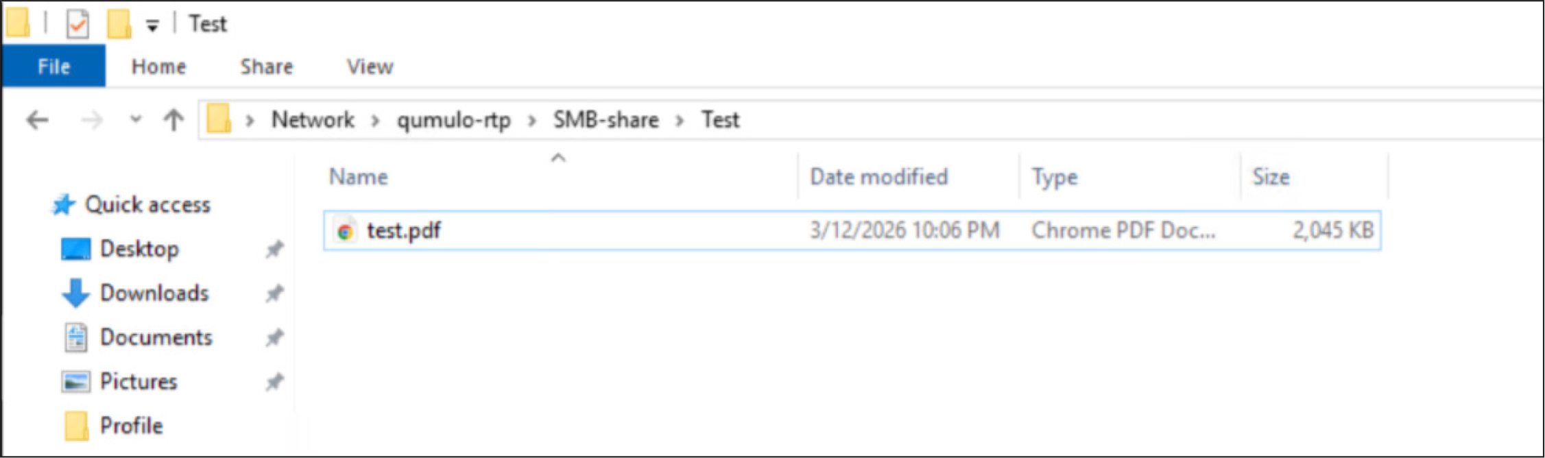 SMB share on the Qumulo Core cluster used by Windows Server client
